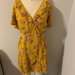 Yellow floral print, faux wrap dress